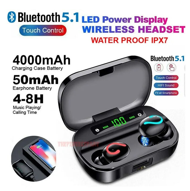 Bluetooth 5.1 TWS Wireless Earbuds - IPX7 Waterproof Stereo Headphones