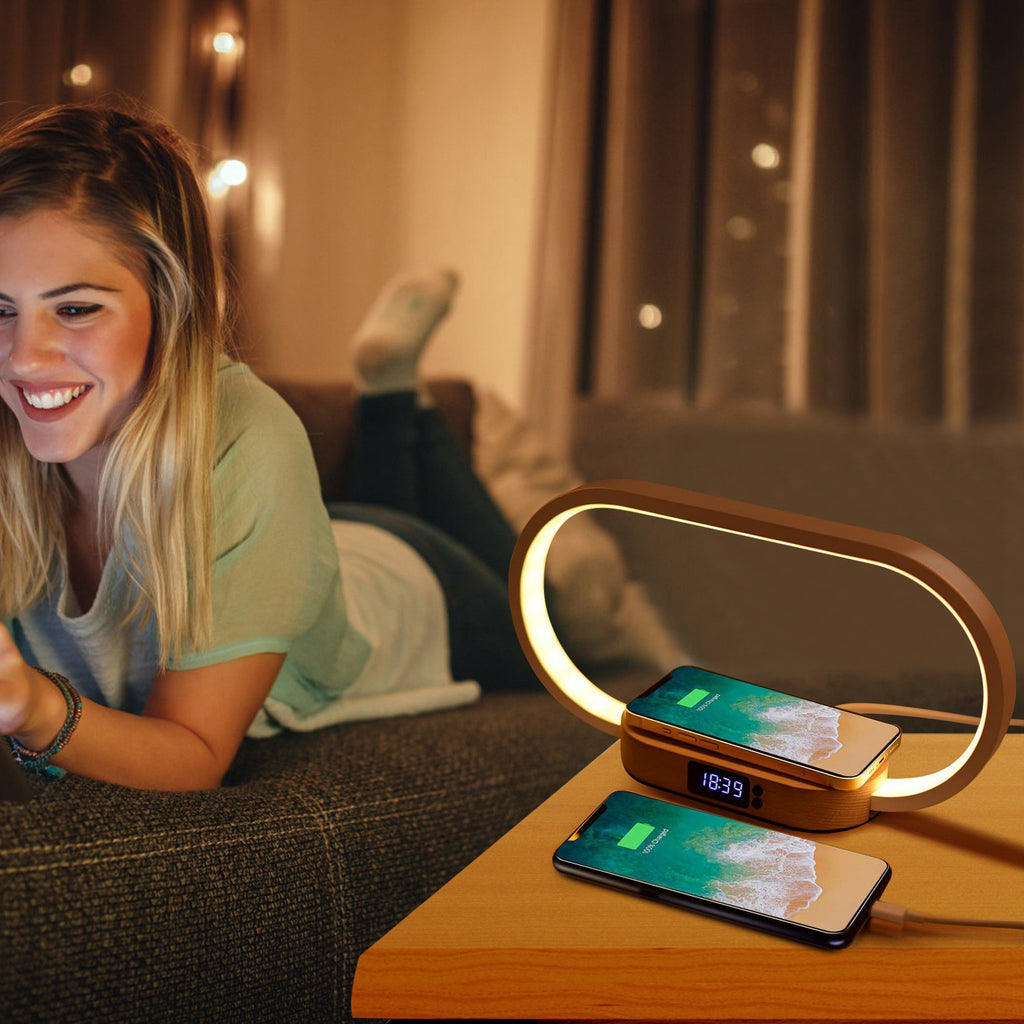 Bedside Lamp with Clock & Wireless Charging - Touch Dimmable LED