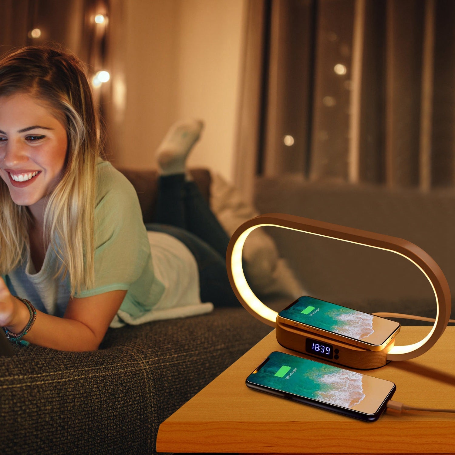 Bedside Lamp with Clock & Wireless Charging - Touch Dimmable LED
