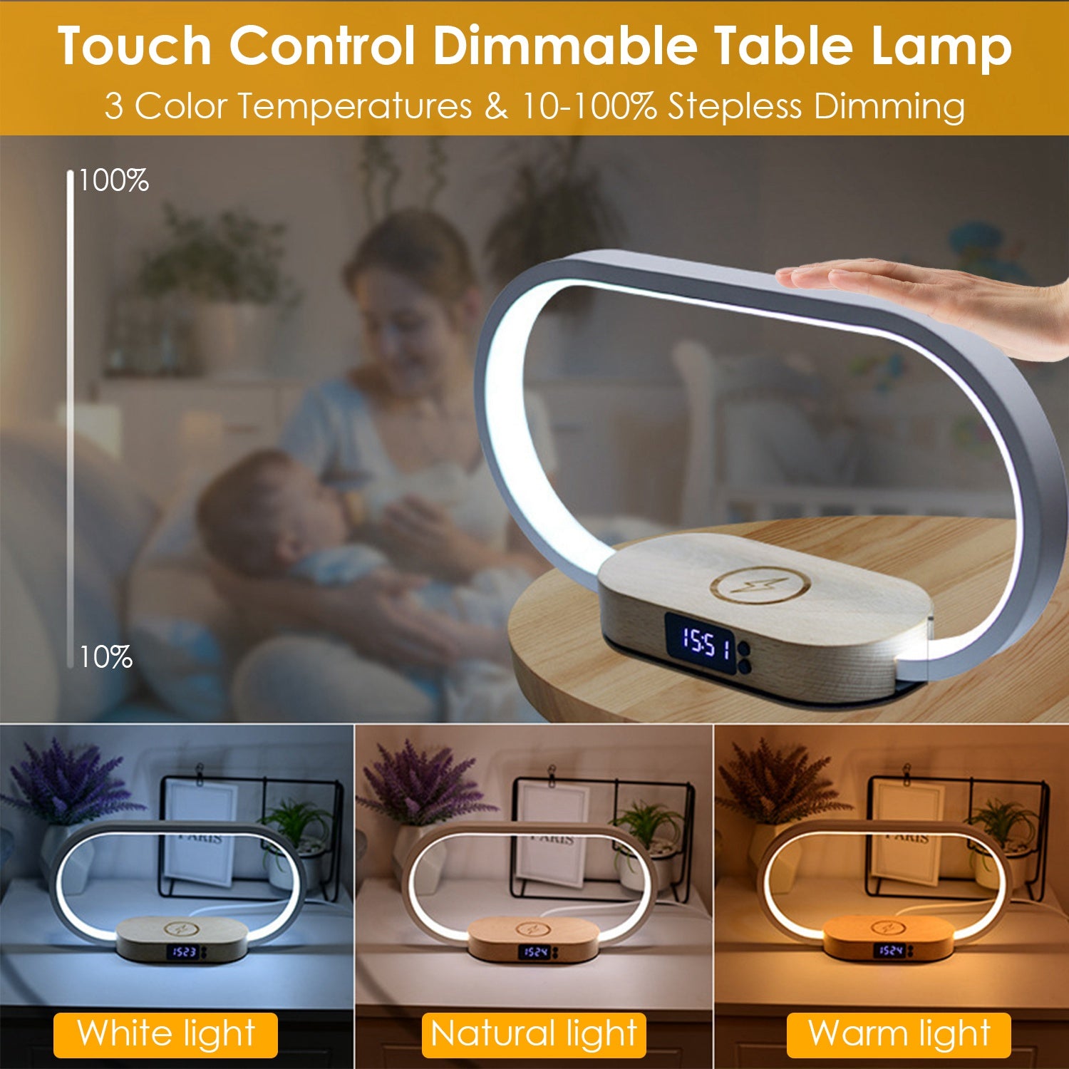 Bedside Lamp with Clock & Wireless Charging - Touch Dimmable LED
