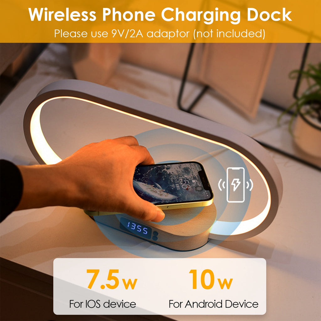 Bedside Lamp with Clock & Wireless Charging - Touch Dimmable LED
