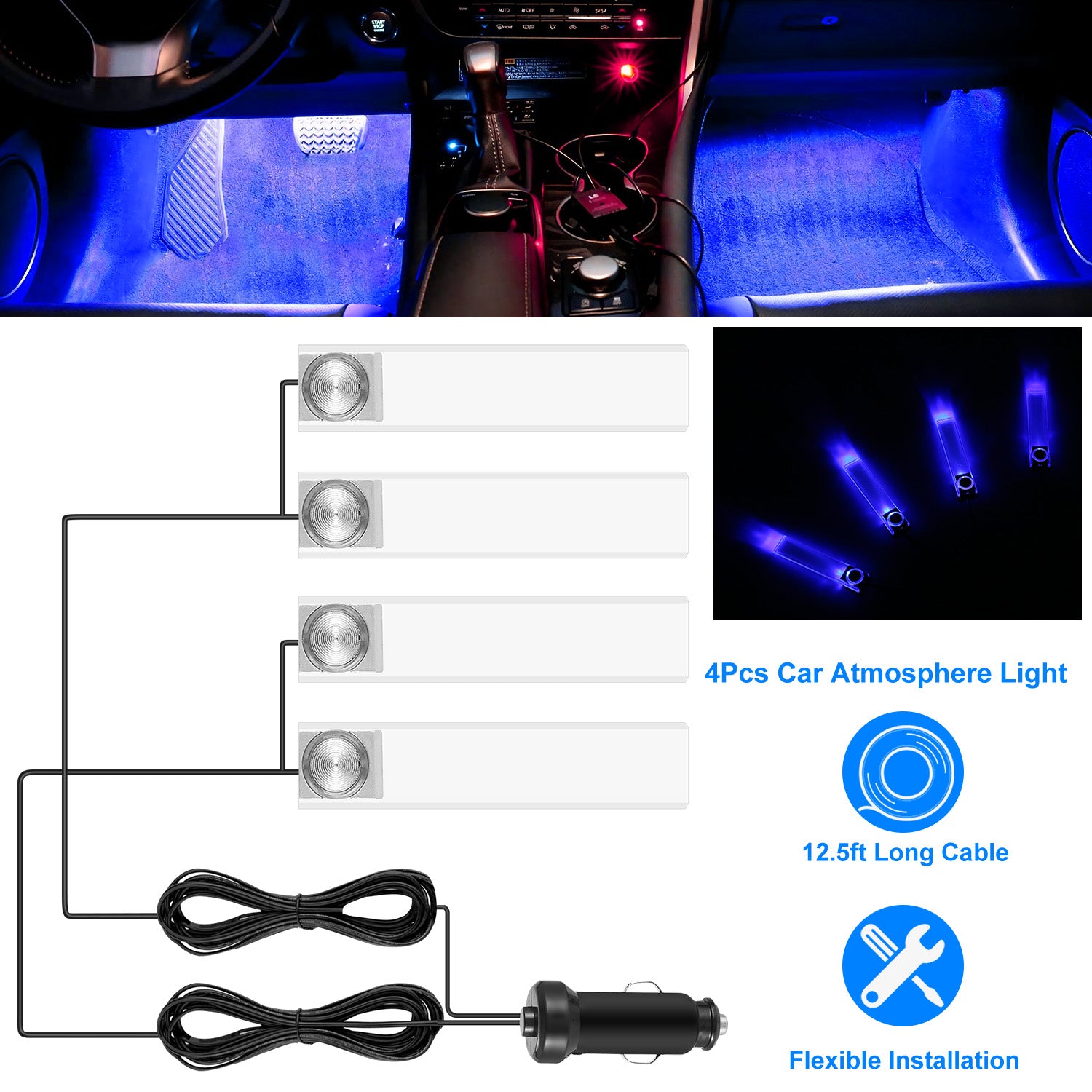 4-Pack Car Interior LED Atmosphere Lights - Blue Ambient Glow