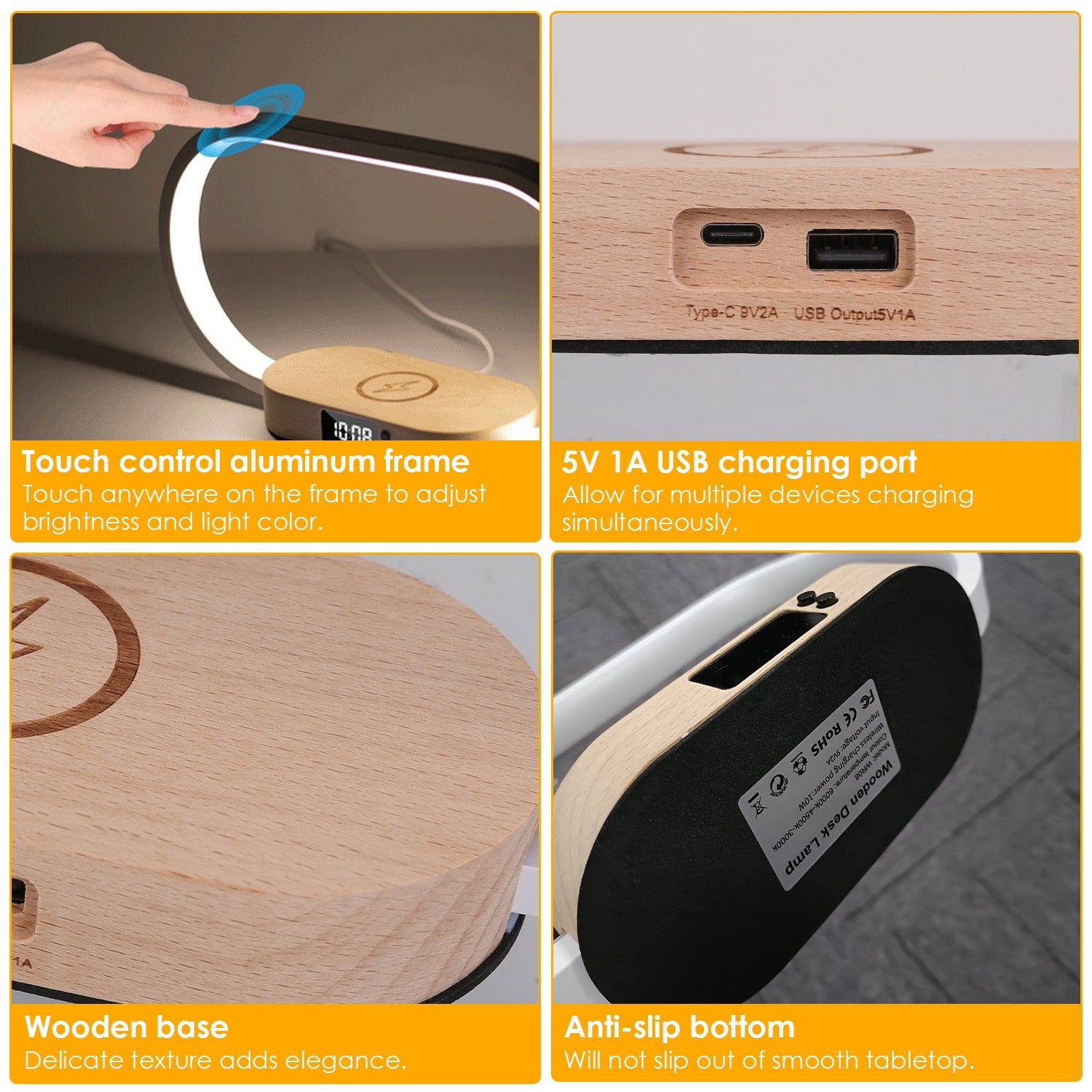 Bedside Lamp with Clock & Wireless Charging - Touch Dimmable LED