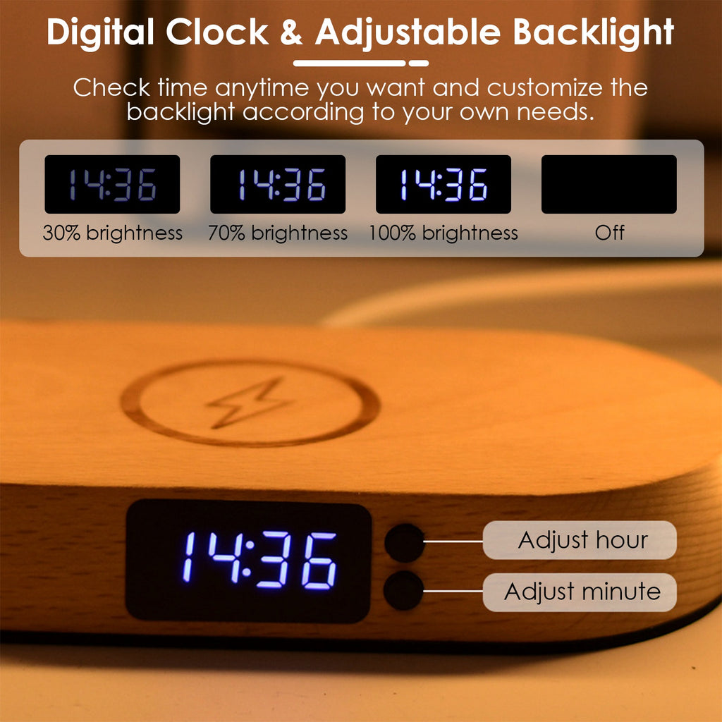 Bedside Lamp with Clock & Wireless Charging - Touch Dimmable LED