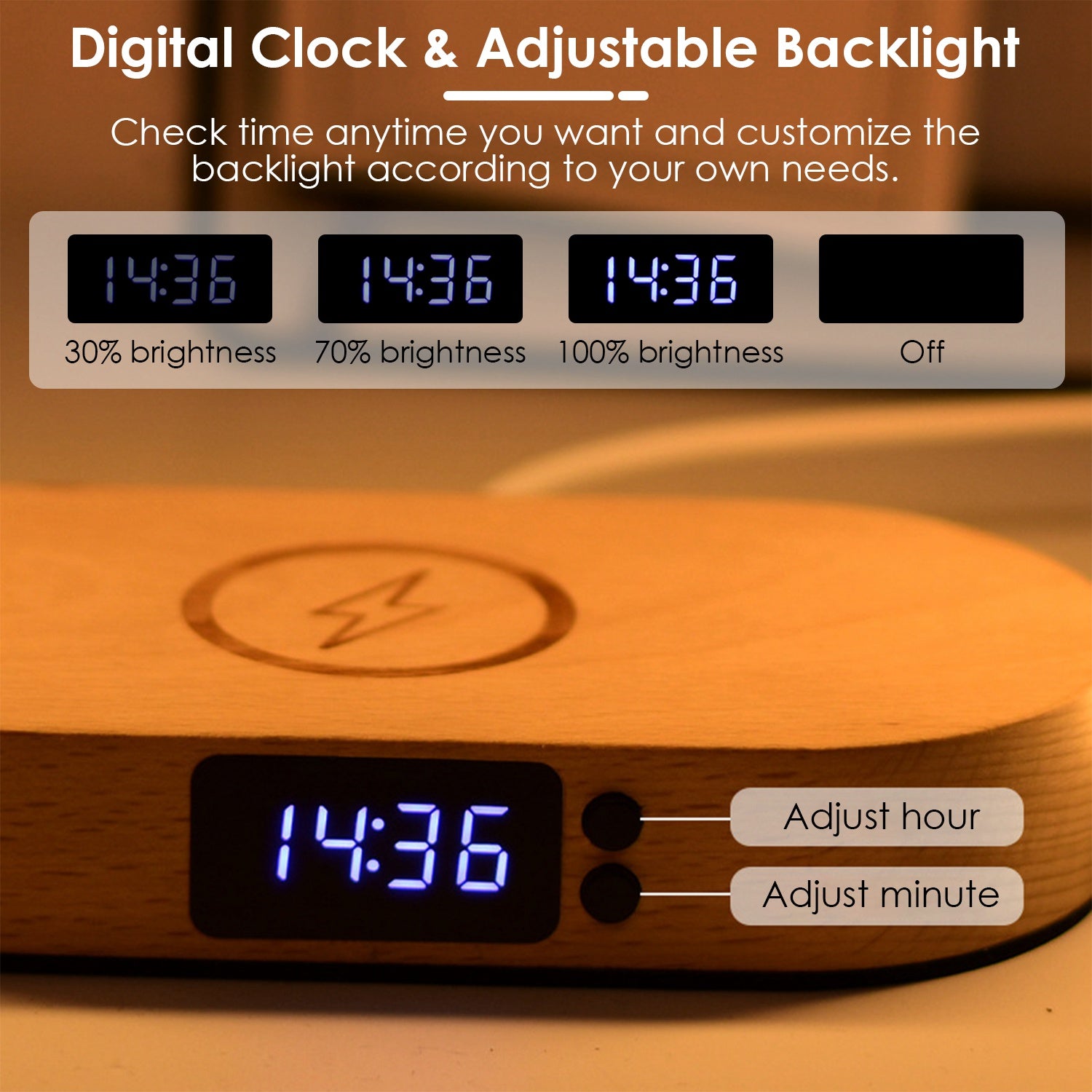 Bedside Lamp with Clock & Wireless Charging - Touch Dimmable LED